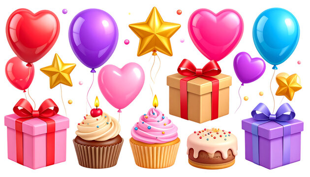 Happy birthday holiday decorations set. 3d png realistic objects. Toy balloons, heart, star symbols, cupcake, cake, gift box,anniversary, birthday, icon set, birthday cake, candle, gift,