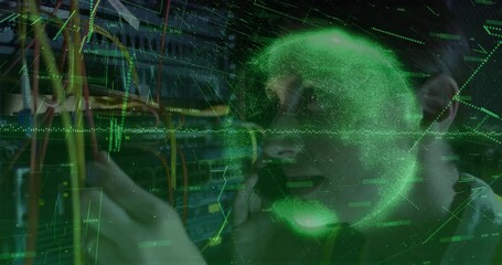 Poster - Network technician connecting patch cables in data center, showing AR data globe and waveform