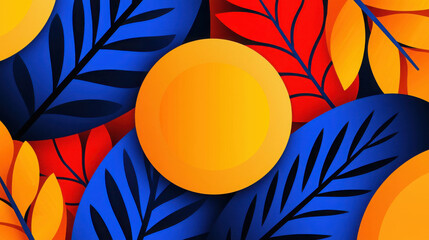 Poster - Vibrant Abstract Design with Colorful Leaves and Circles in Bold Orange, Red, and Blue Tones