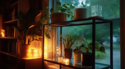 Poster - Indoor plants illuminated by warm candlelight near a window during dusk in a cozy living space