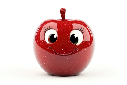 A cute, glossy red apple character with a smiling face and charming eyelashes, set against a clean white background.