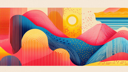 Poster - Bright colorful abstract geometric landscape featu vibrant hills waves and patterns with dynamic lines dots and gradients in a modern artistic style