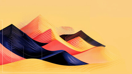 Poster - Abstract geometric landscape with layered colorful mountain shapes and flowing lines in warm tones of yellow orange pink and contrasting dark blue and black elements