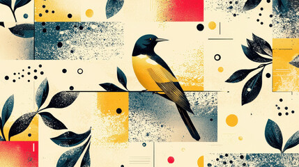 Poster - Abstract geometric art with a yellow black bird illustration, featu leaves, squares, dots, and textured patterns in yellow red black blue and beige tones