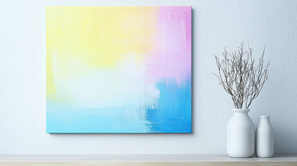 Aufkleber - Modern Abstract Art Canvas with Soft Pastel Colors in Bright Minimalist Room Setting
