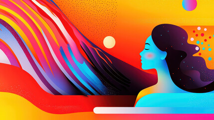 Poster - Vibrant abstract illustration of a woman with flowing colorful hair blending into a dynamic background with bright gradients and playful geometric shapes
