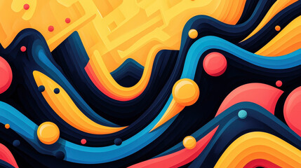 Poster - Vibrant Abstract Background Featu Dynamic Fluid Waves and Colorful Circles in Warm Yellow and Cool Dark Blue Tones for Artistic Design and Creative Projects