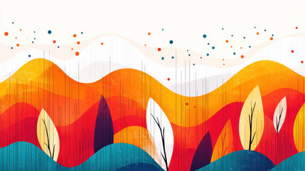 Poster - Abstract vibrant landscape painting with rolling waves warm colors bright splashes layered textures and stylized leaf elements in a colorful artistic design