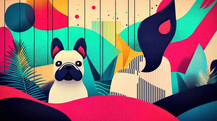 Poster - Vibrant abstract illustration featu a stylized French Bulldog with bold colors, geometric patterns, tropical plants, and intricate designs in a modern art style