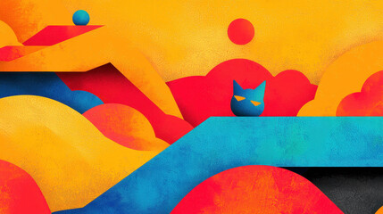 Poster - Abstract vibrant colorful geometric shapes minimalistic art scene with stylized black cat silhouette and vivid background landscape for creative design
