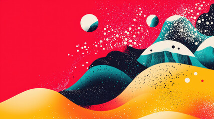 Poster - Abstract artistic landscape with vibrant colors, fluid waves, and cosmic spheres creating a surreal and dynamic visual scene in a modern digital style