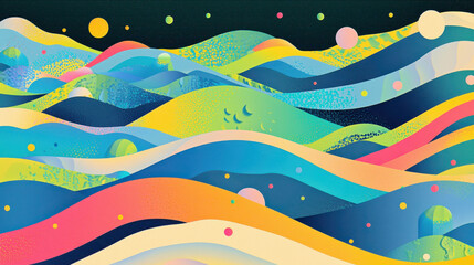 Poster - Abstract colorful landscape with flowing waves and rolling hills in vibrant shades of blue green yellow pink and orange creating a lively and artistic scenery