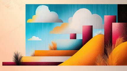 Poster - Abstract vibrant colorful geometric landscape with layered shapes and textures including clouds, grass, and vibrant color blocks in contemporary art style