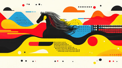 Poster - Vibrant abstract digital artwork featu a dynamic black horse with flowing mane amidst a colorful landscape of geometric shapes and bold patterns in fiery reds yellows and blues