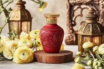 Poster - Elegant, ornate perfume bottle displayed on a wooden base.