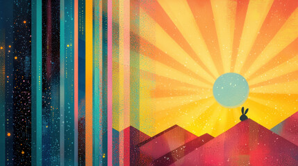 Poster - Vibrant abstract digital art scene with colorful rainbow streaks and geometric mountain silhouette against a radiant sunburst background