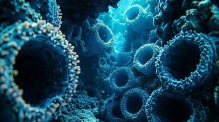 Poster - Abstract Blue Underwater Scene with Cylindrical Coral Structures