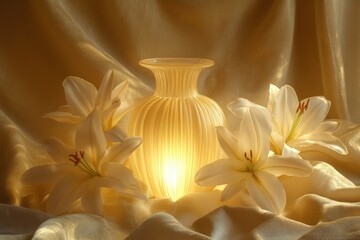 Poster - Softly lit vase with lilies on a silk cloth.