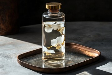 Poster - Elegant glass bottle with white orchids,  placed on a tray.