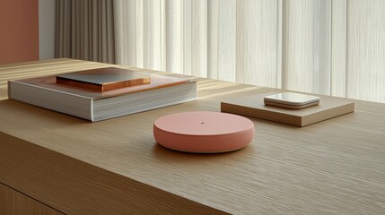 Poster - Desk with books, tech items, warm lighting, minimalist