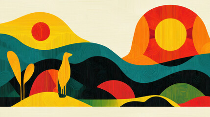 Poster - Abstract landscape painting with bold colorful geometric shapes depicting hills trees and a setting sun in a modern artistic style