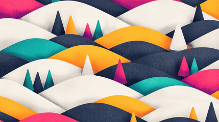 Poster - Colorful Abstract Geometric Pattern with Rounded Hills and Cones in Bright Vibrant Shades for Creative Design, Background, and Modern Art Use