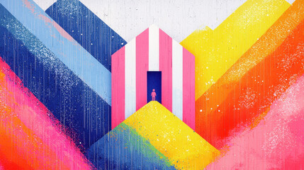 Poster - Vibrant colorful geometric abstract art with bold stripes and textured patterns in bright pink blue yellow orange and green hues for creative design use