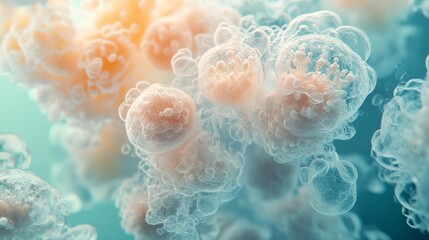 Poster - Abstract Electron Cloud Visualization: Teal and Peach Spheres in Macro Close-up