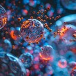 © Danish - Abstract blue and red organic forms, microscopic vibrant floating particles.