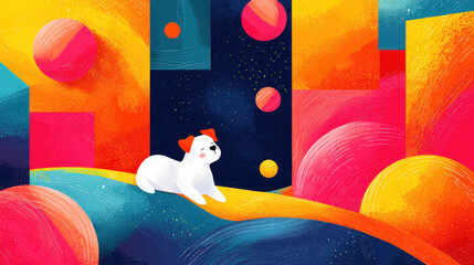 Poster - Vibrant abstract digital artwork with colorful geometric shapes and a playful cartoon cat character amidst bold splashes of pink orange yellow and blue backgrounds