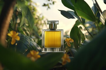 Poster - Golden perfume bottle nestled among lush foliage.