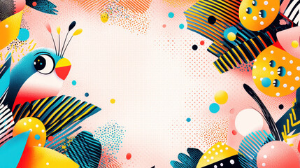 Poster - Bright colorful abstract floral design featu vibrant leaves, playful patterns, multicolored circles, stylized plants, decorative elements, lively composition