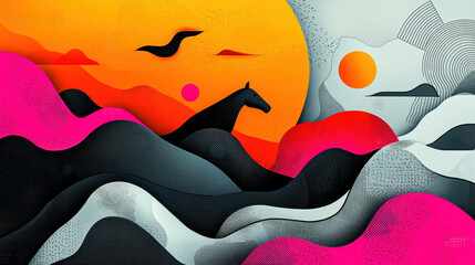 Poster - Vibrant abstract landscape featu flowing waves in bold colors with a silhouette horse in front of a dynamic sunset sky and textured patterns for artistic design