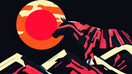 Poster - Abstract landscape with a stylized mountain range and a large red sun, vibrant colors, graphic design, minimalistic art, modern illustration, nature scene