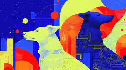 Poster - Abstract digital illustration of two futuristic dogs with vibrant colorful geometric background and modern cityscape elements and digital patterns