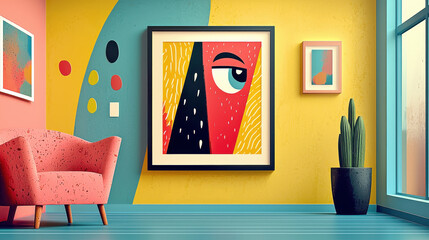 Poster - Modern colorful art gallery interior with vibrant abstract painting decor bright yellow wall contemporary design stylish space