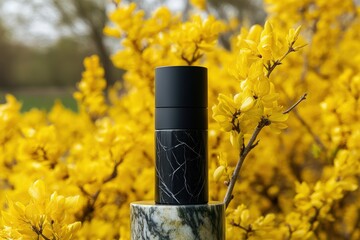 Poster - Elegant black spray bottle amidst vibrant yellow flowers.