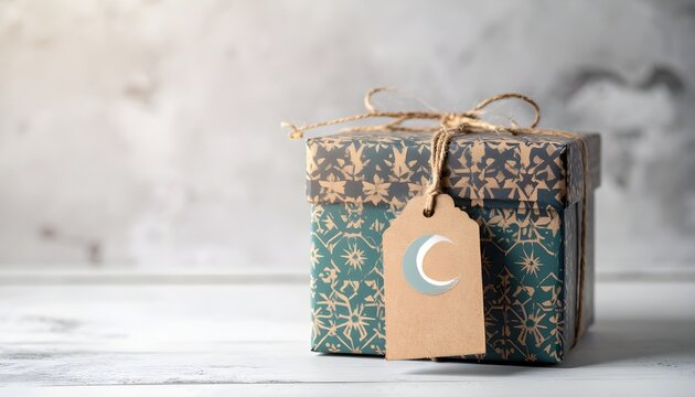 Elegant Eid al-Adha gift box wrapped in floral pattern, tied with cord, and crescent moon tag. Perfect for Islamic holiday, festive packaging, and Muslim celebration themes. Ai Generated