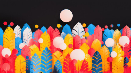 Poster - Vibrant colorful feathers in various shades including yellow red blue and white arranged in a pattern against a black background with floating white and pink balls for a lively abstract design