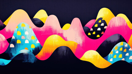 Poster - Colorful abstract landscape with vibrant hill-like shapes in pink yellow black and blue with dotted patterns creating a playful artistic scene