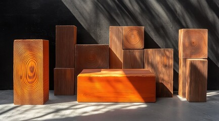 Poster - Sunlit arrangement of various-sized, stained wooden blocks