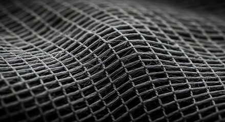 Aufkleber - Abstract Wavy Surface of Black Square Grid Fabric Creating Dynamic Visual Effect with Light and Shadows Making Mesmerizing Texture