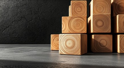 Poster - Stacked light-brown wooden cubes on a gray surface against a dark background.  Illumination highlights the wood grain