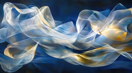 Poster - Abstract art of flowing, translucent fabric in shades of white, gold, and blue against a dark background