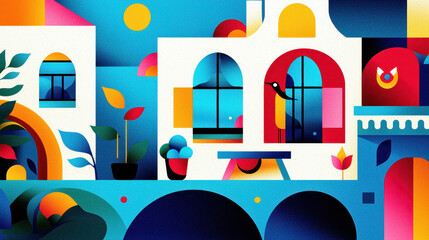 Poster - Colorful abstract architectural scene featu vibrant buildings with arched and plants in a modern artistic style for creative illustration design