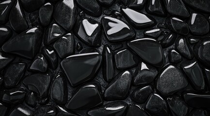 Poster - Smooth, dark stones arranged in a close-up mosaic pattern.  Glossy texture