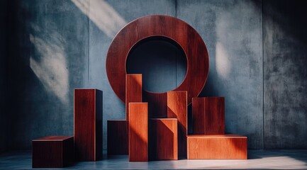 Poster - Sunlit wooden geometric shapes against a textured wall