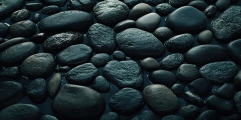 Poster - Dark, smooth stones closely arranged, creating a textured surface.  The image's focus is the stones' varied shapes and sizes