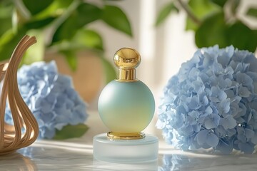 Poster - Light-blue perfume bottle surrounded by hydrangeas.