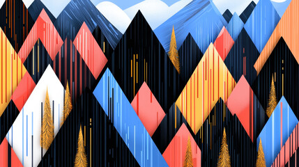 Poster - Abstract geometric mountain landscape pattern with colorful peaks in shades of blue orange pink black and gold for modern design and digital art